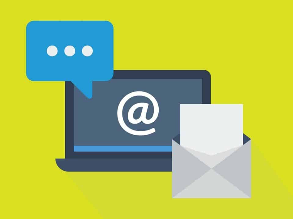 laptop, envelop and message icons representing email marketing message development