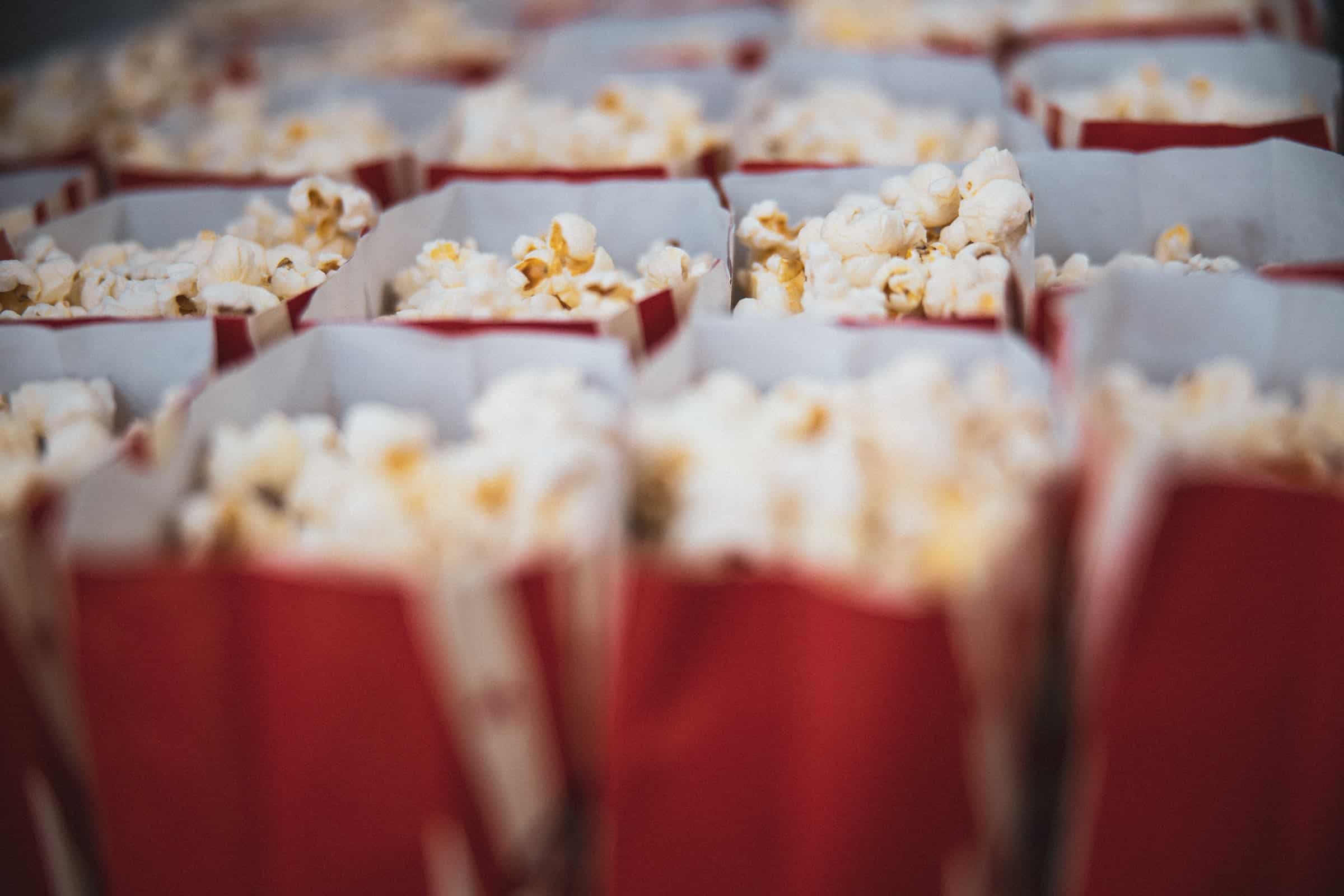 red papers of popcorn lined up