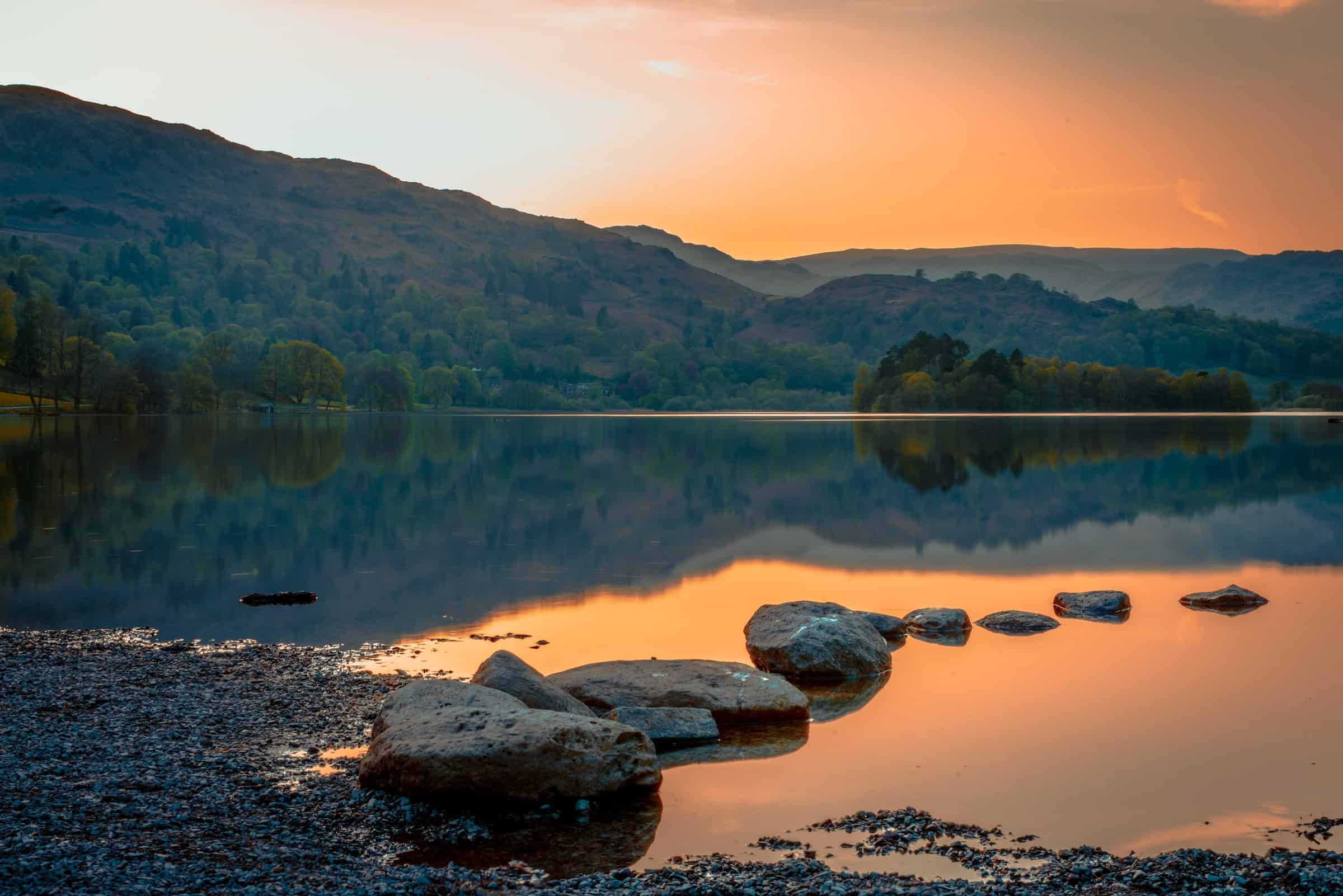 stepping stones in foreground of a picture of a lake and countryside in the lake district for sales pipelines sales process article