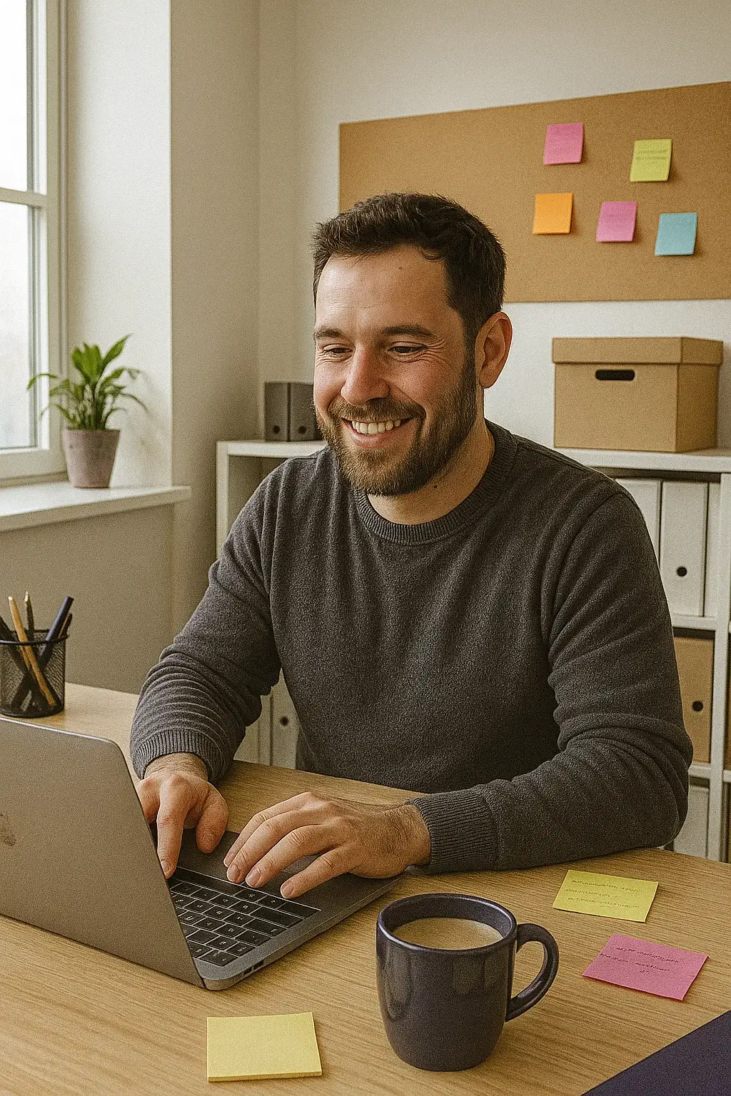 UK small business owner using a laptop in a bright workspace with notes and coffee