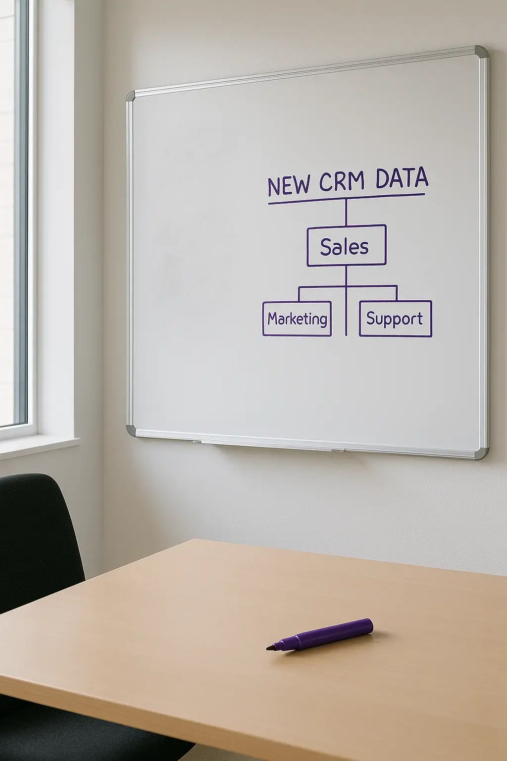 Real small-business desk showing CRM data migration before-and-after in popcorn CRM