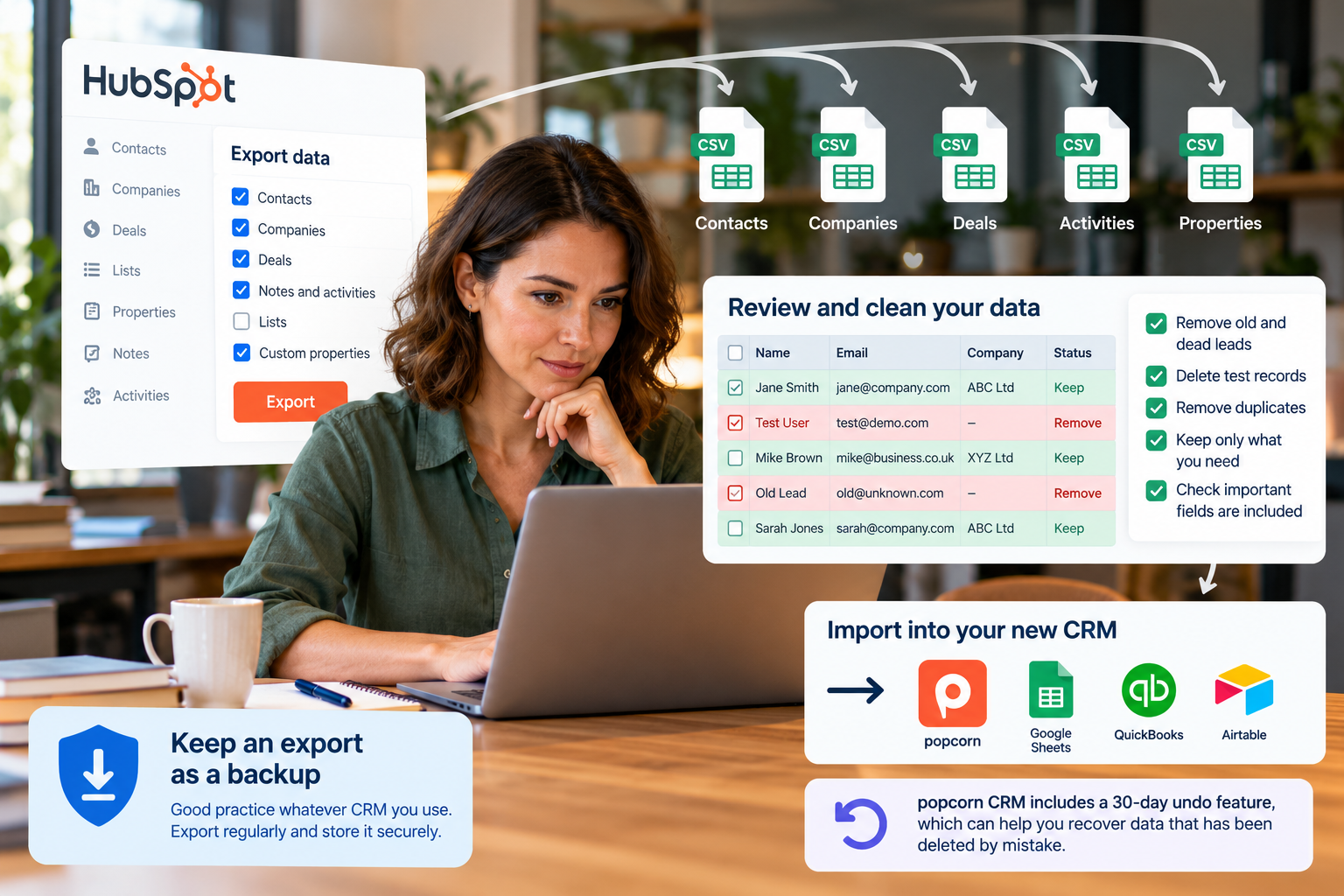 Small business owner reviewing HubSpot export spreadsheets before importing data into a new CRM