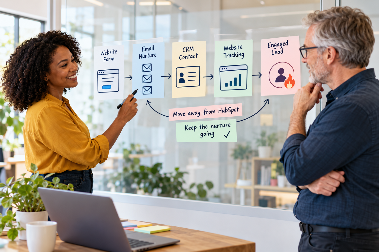 Small business team mapping email nurture, CRM and website tracking while moving away from HubSpot