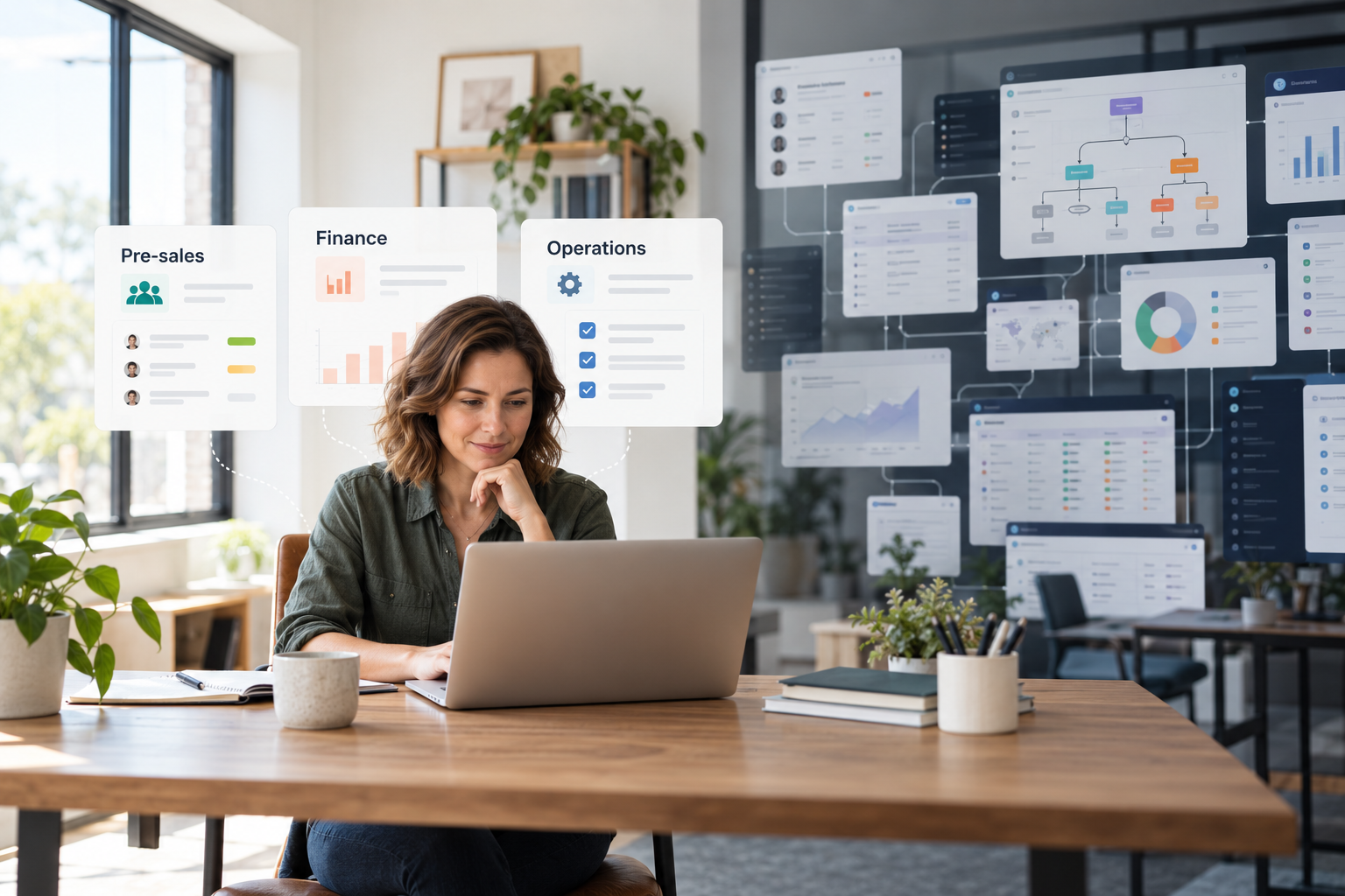 Small business owner comparing simple connected software with a complex all-in-one platform