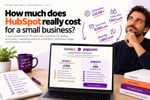 Small business owner comparing the real cost of HubSpot with popcorn CRM