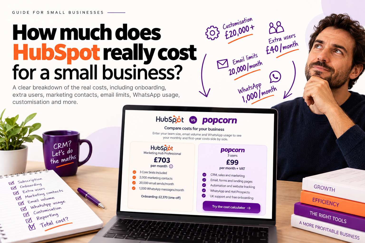 Small business owner comparing the real cost of HubSpot with popcorn CRM