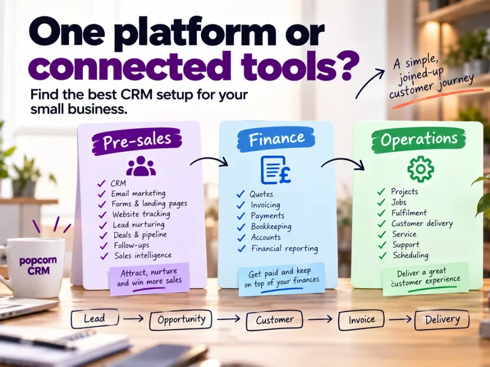 Connected CRM, finance and operations tools for a UK small business customer journey