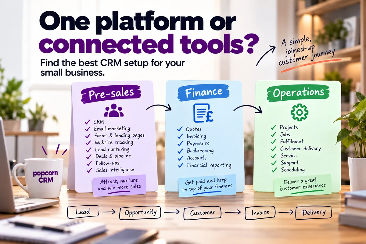 Connected CRM, finance and operations tools for a UK small business customer journey