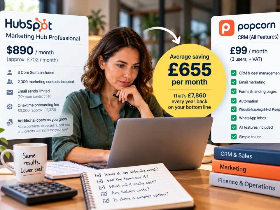 Small business owner comparing HubSpot Marketing Hub Professional with popcorn CRM and reviewing the real cost of upgrading