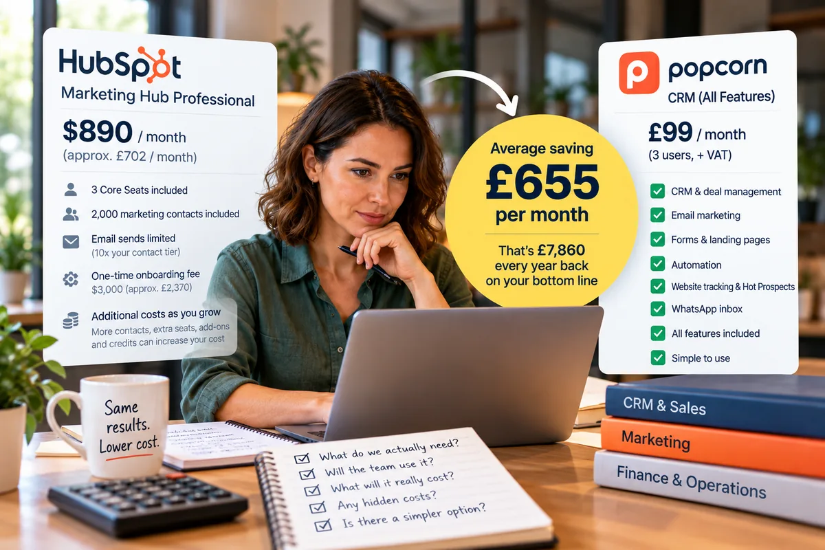 Small business owner comparing HubSpot Marketing Hub Professional with popcorn CRM and reviewing the real cost of upgrading