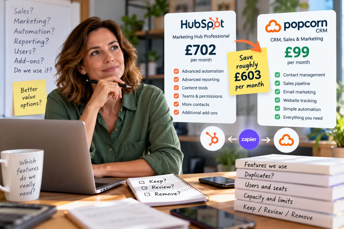 Small business owners reviewing unused HubSpot features and cheaper CRM options