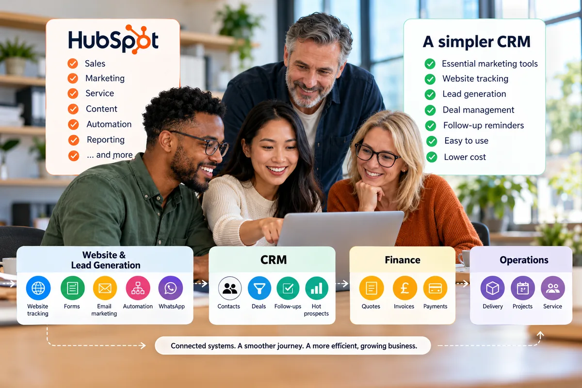 Small business owner comparing HubSpot with a simpler CRM for lead generation, deal management and growth