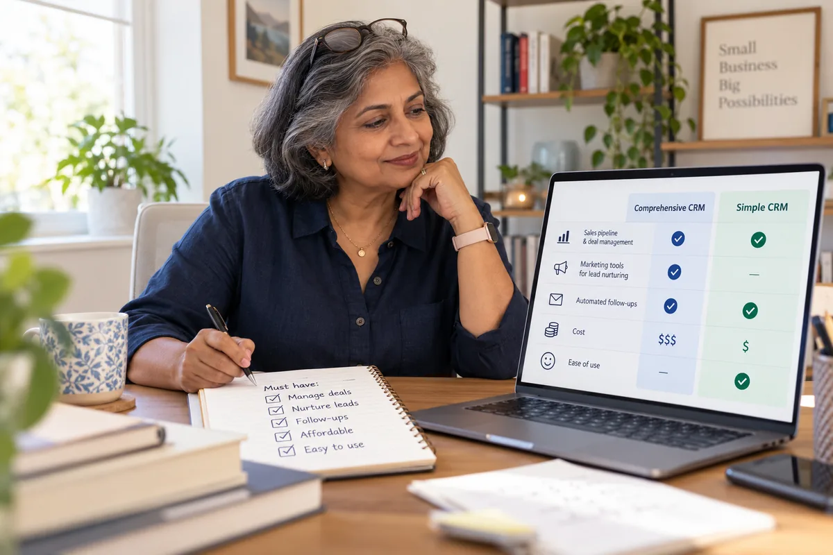 Small business owner comparing a broad CRM platform with a simpler CRM for deal management and lead nurturing