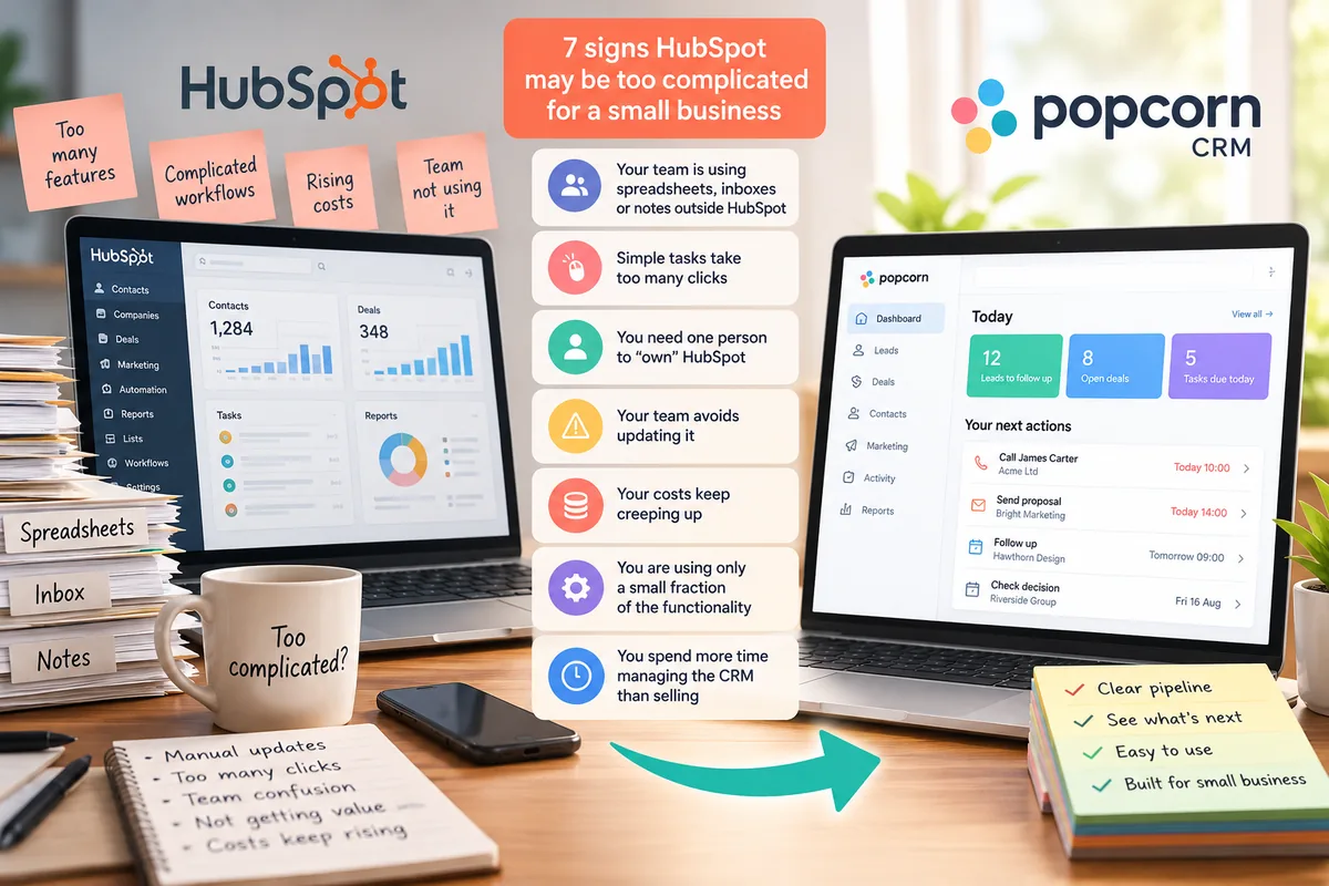 Seven signs HubSpot may be too complicated for a small business, compared with a simpler popcorn CRM dashboard