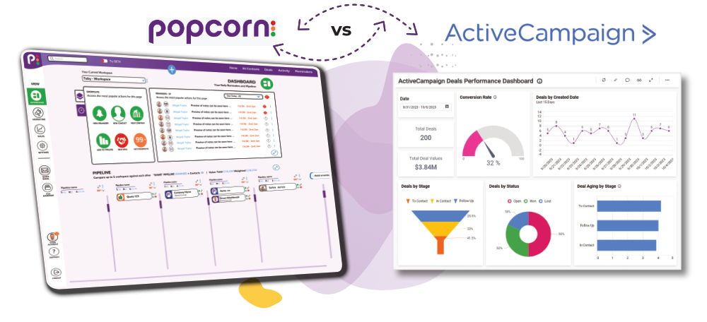 ActiveCampaign vs popcorn CRM 2 popcorn vs active campaign crm dashbaord comparison