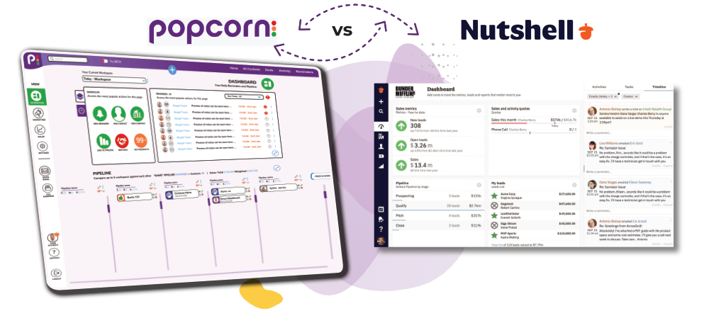 Nutshell CRM vs popcorn CRM 2 popcorn vs nutshell crm dashbaord comparison